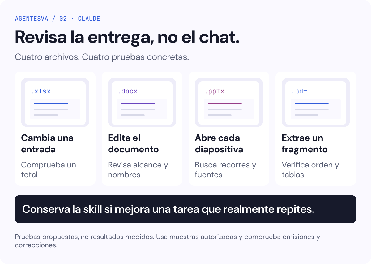 Pruebas propuestas: cambia una entrada de la hoja, edita el documento, revisa cada diapositiva y verifica la extracción del PDF.